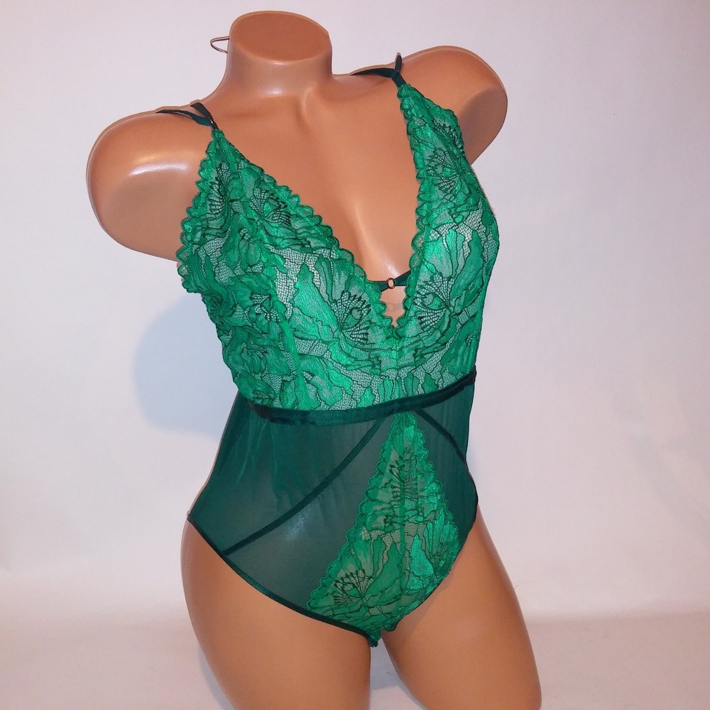Auden Lingerie Bodysuit Teddy One Piece Large Green Sheer Snap Up Bottom